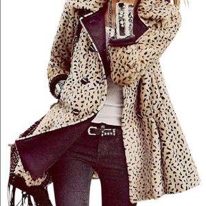 Free People Faux Leopard Print Long Swing Coat
